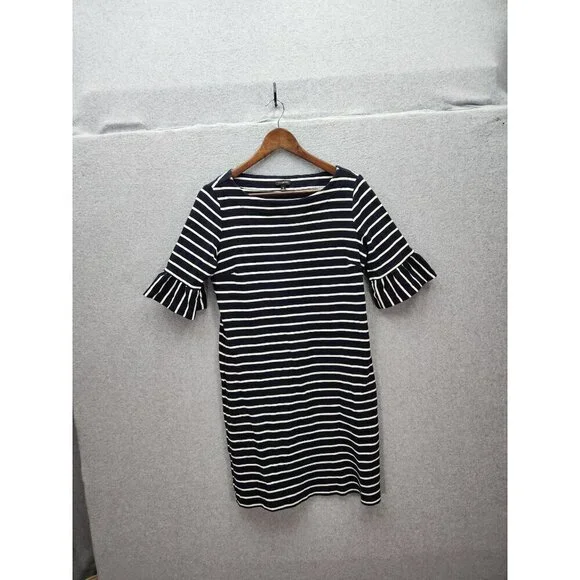 Talbots Womens Navy & White Striped Cotton Dress With Ruffle Sleeves M - Picture 1 of 5